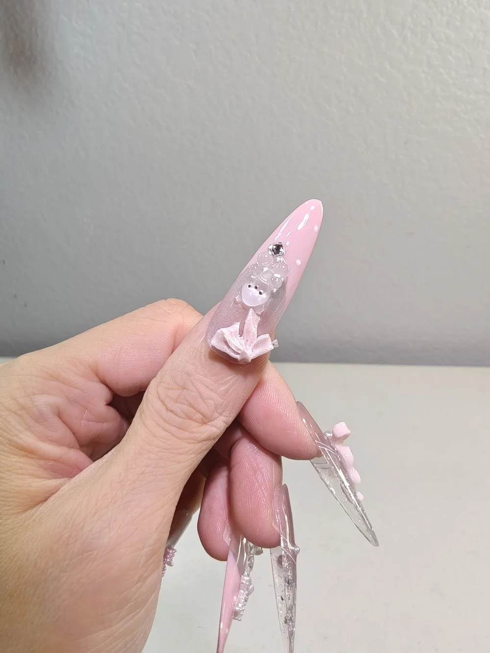 Cute Coquette Pink Glitter Long Almond Press On Nails With 3D Bow Bear Charms